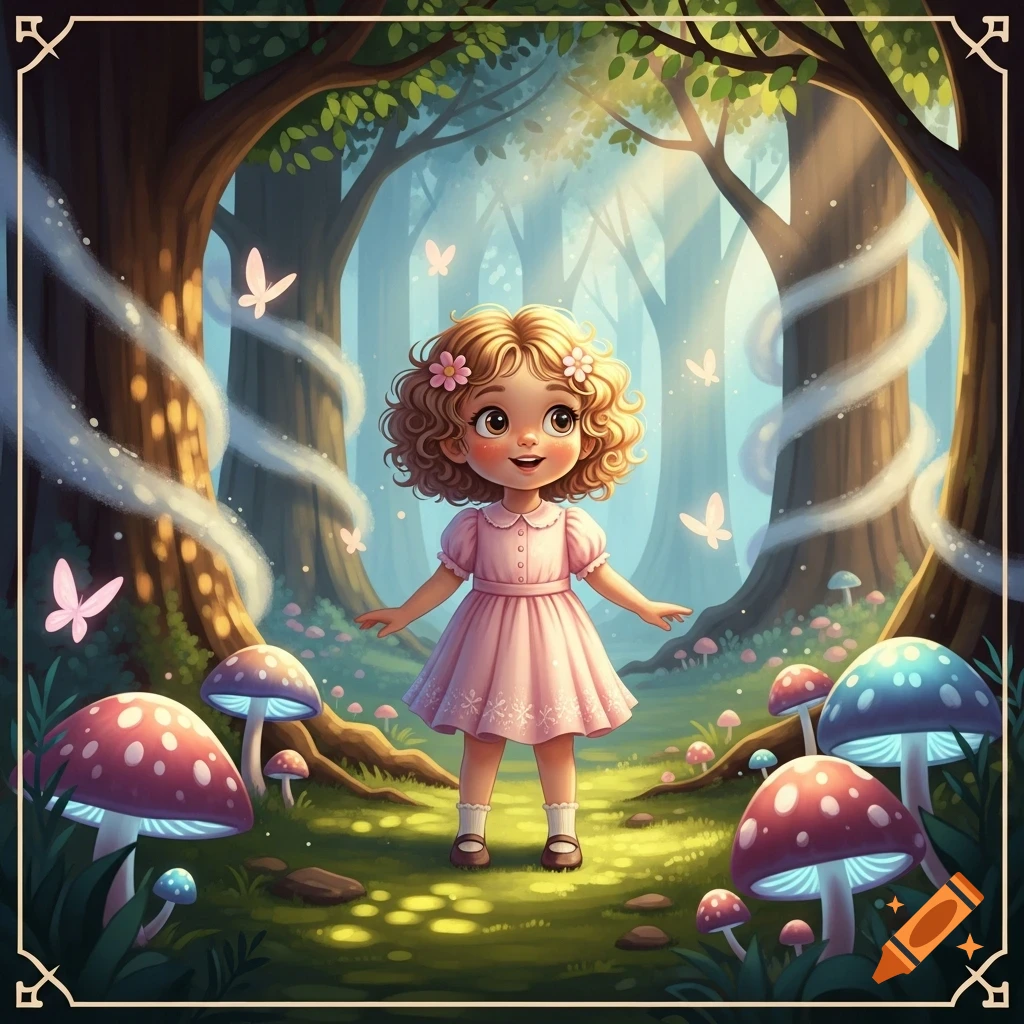 A whimsical cartoon illustration of a happy little girl standing in an enchanted forest with glowing mushrooms and butterflies.