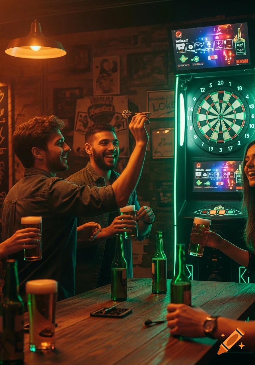Three friends laughing and drinking beer in a dimly lit bar, one preparing to throw a dart at an electronic board.