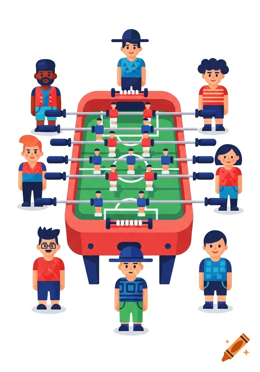 A colorful cartoon illustration of people standing around a red foosball table with blue and red players.