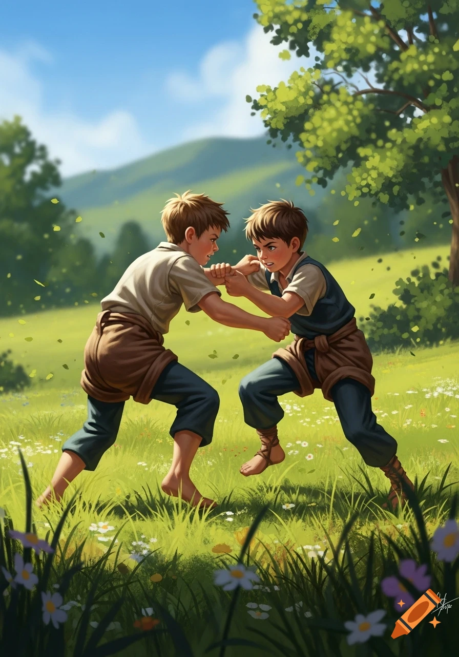 Two barefoot boys in simple clothes wrestle in a sunny, green field with wildflowers, illustrated in a vibrant, storybook style.