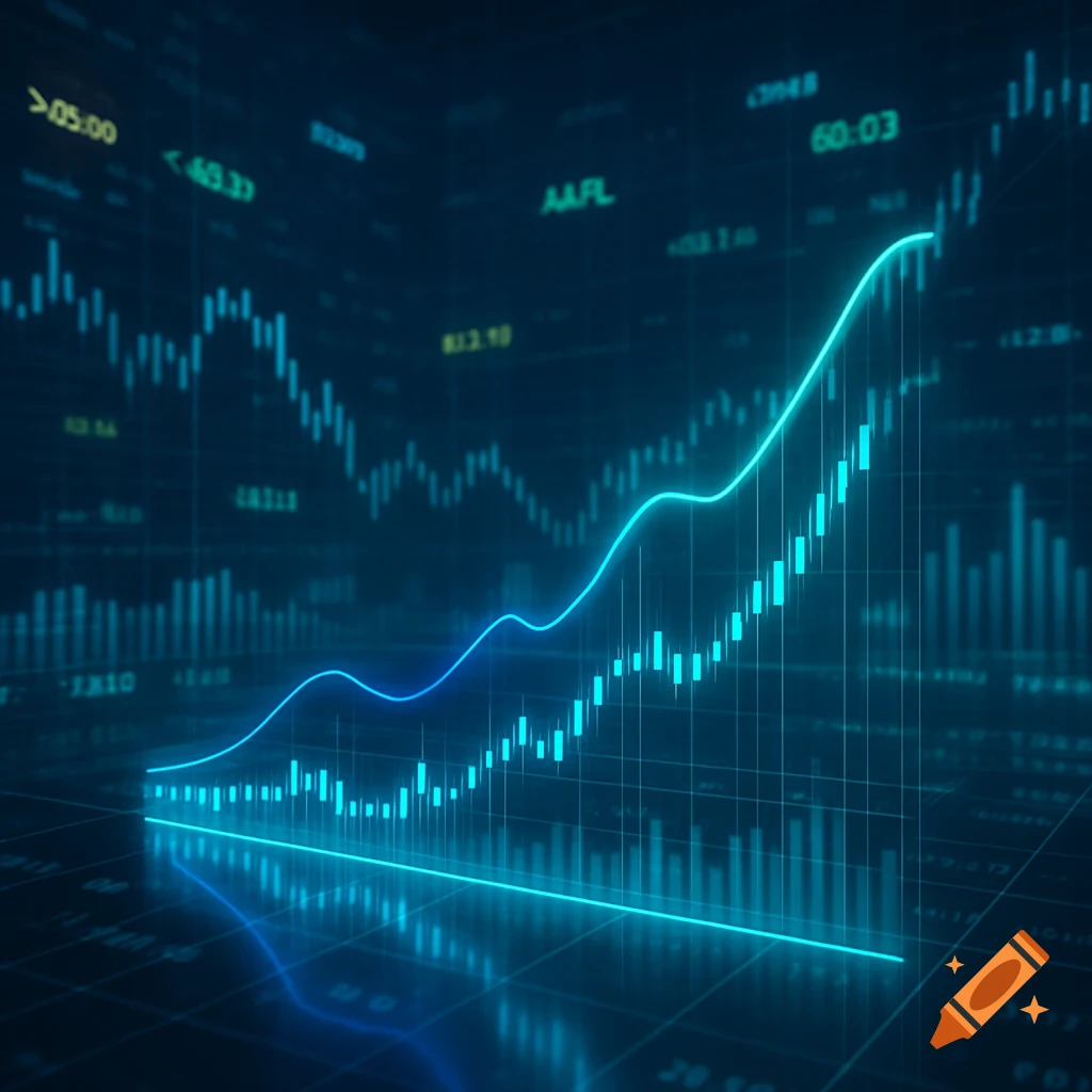 Glowing blue and cyan financial stock market graph with an upward trend, data points, and text on a dark background.