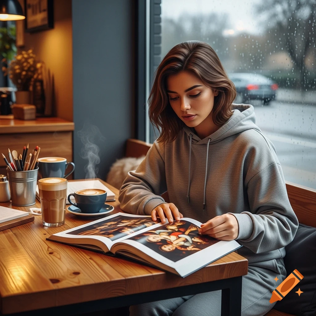 A female college student with brown hair studies an art history book at a coffee shop, with coffee drinks on the wooden table.