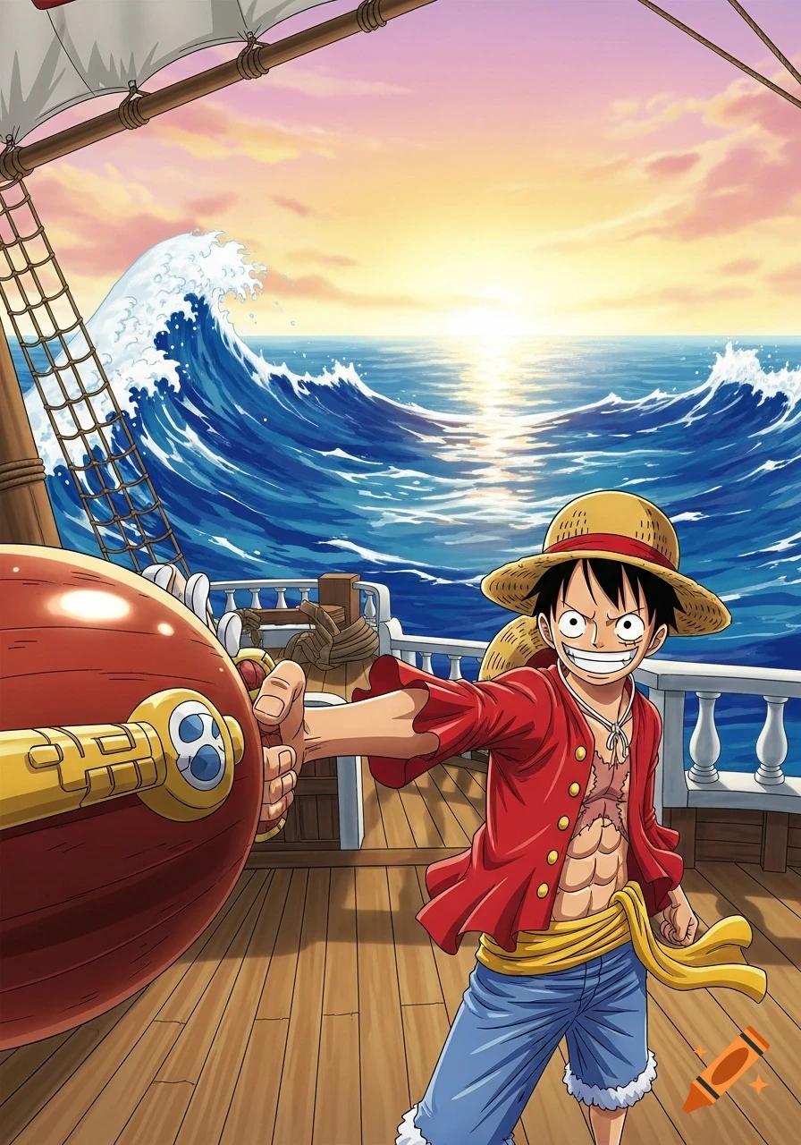 Anime art of Monkey D. Luffy on a ship, smiling while holding a key object. Ocean with waves and sunset in the background.