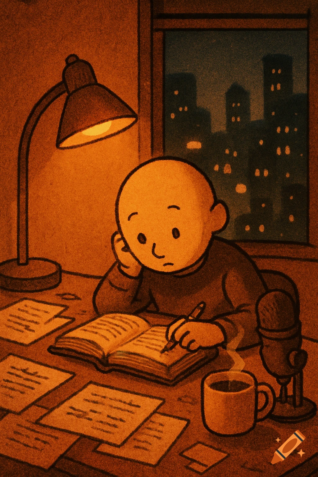 A lo-fi illustration of a bald character studying at a messy desk, illuminated by a lamp. A city skyline is visible through a window, and there's a coffee cup and microphone on the desk.
