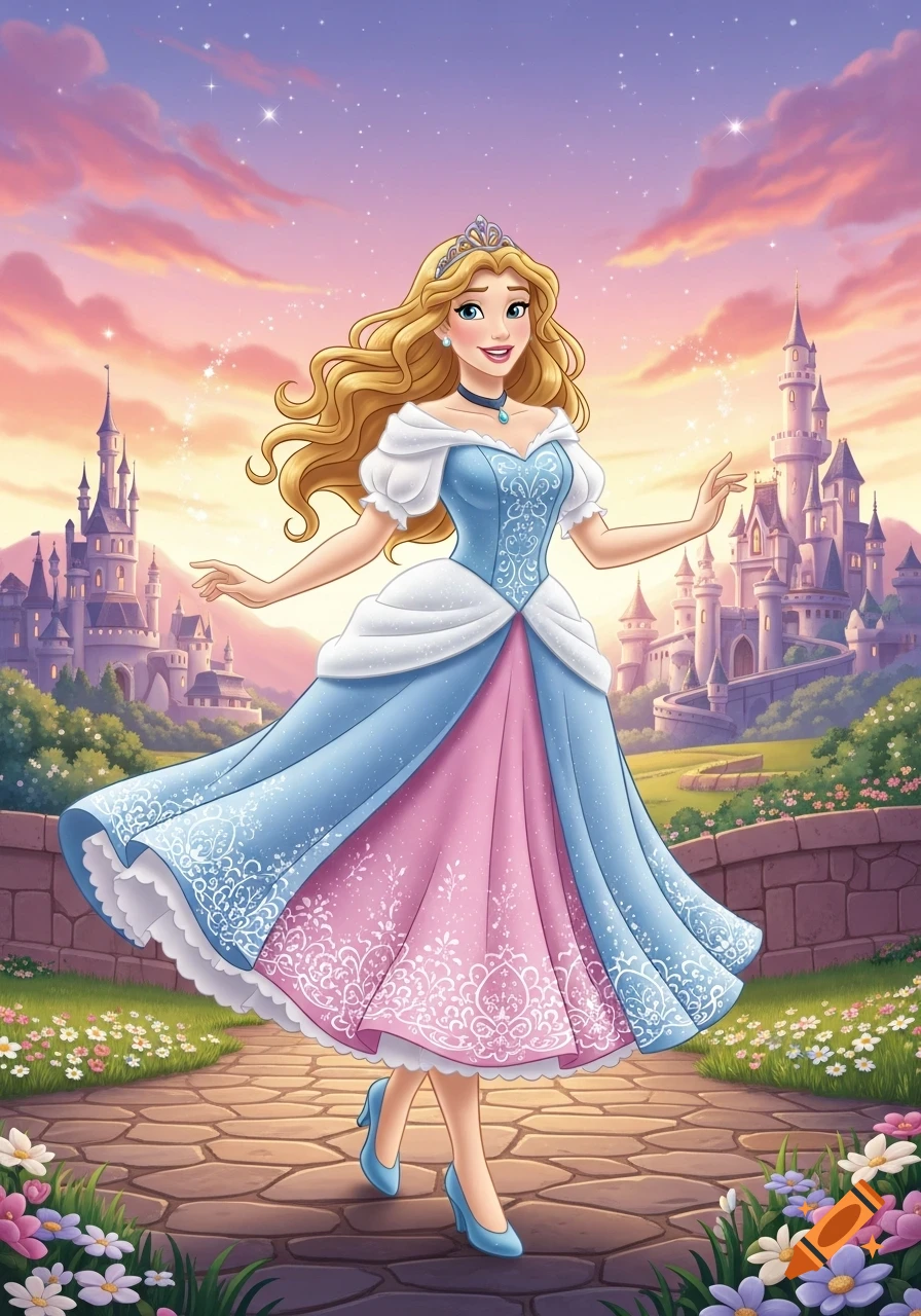A smiling blonde princess in a blue and pink gown stands on a stone path in a magical land with castles and flowers at sunset, in a Disney animation style.