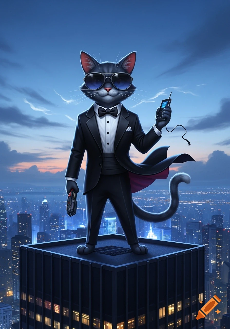 A cartoon cat dressed as a secret agent in a tuxedo and sunglasses ...