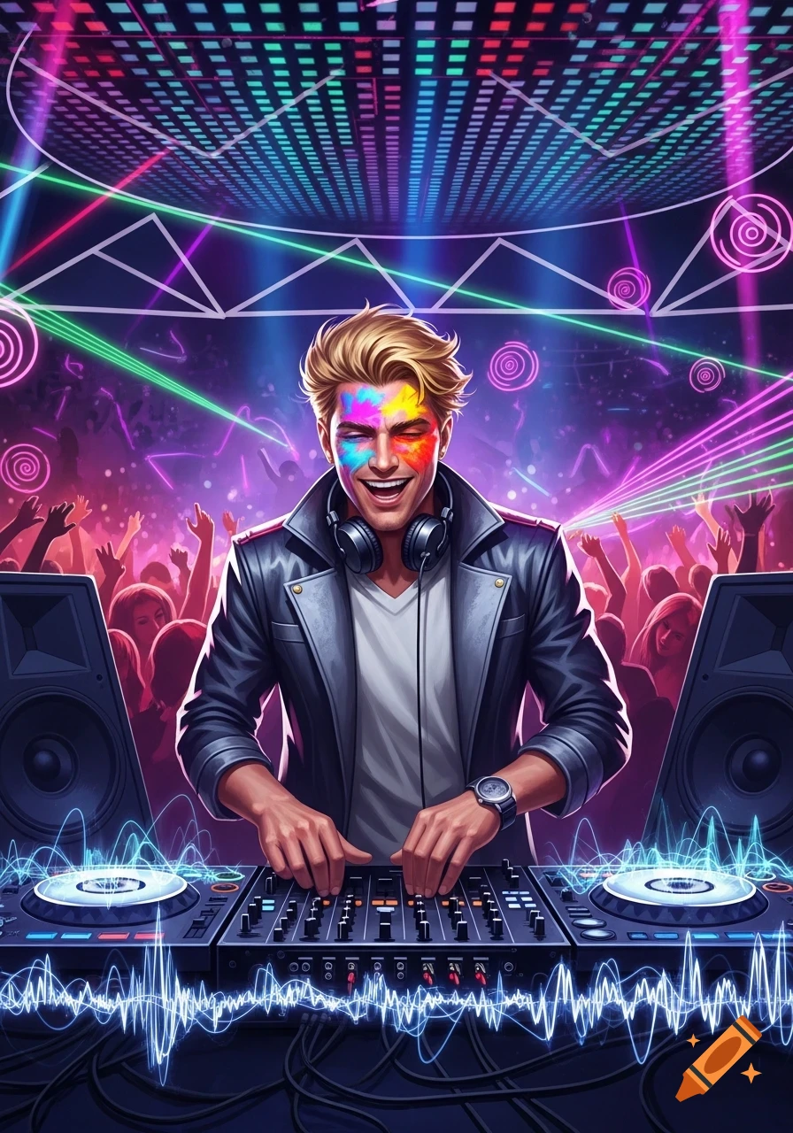 A smiling blonde male DJ with colorful face paint and headphones mixes music at a vibrant, neon-lit party with a cheering crowd.
