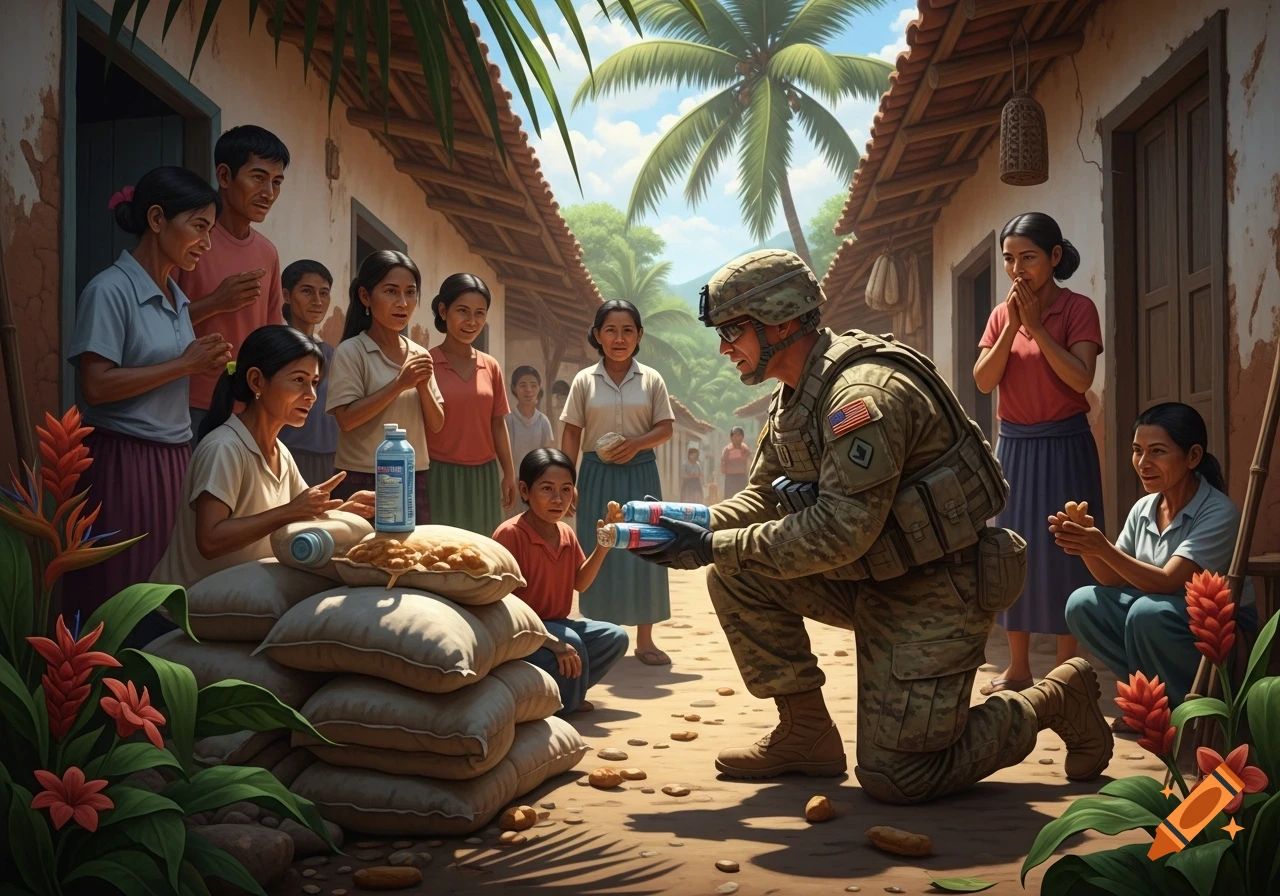 A U.S. soldier in camouflage kneels, distributing bottles to villagers in a rural tropical setting with palm trees and dirt paths.