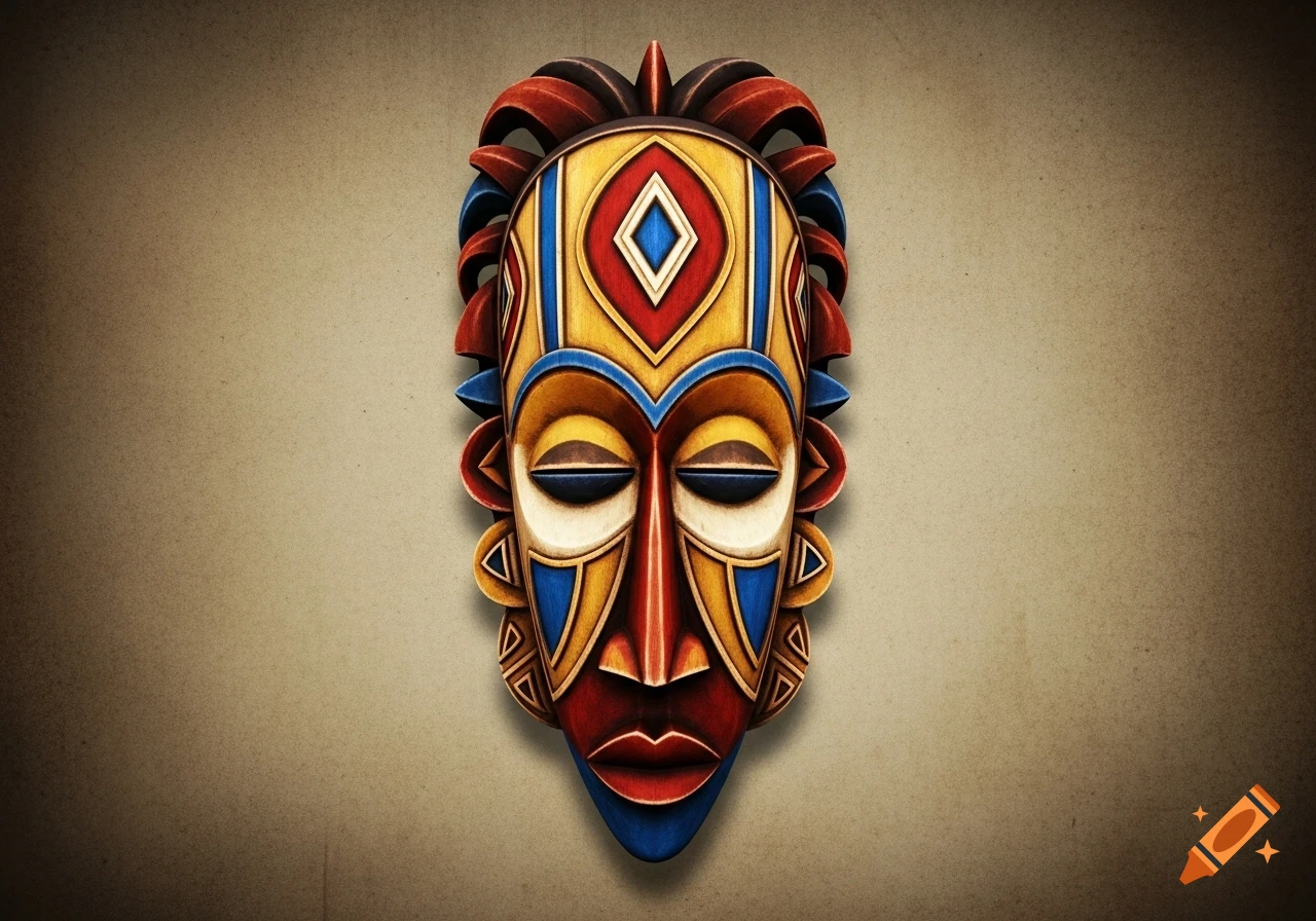 A vibrant, stylized African mask with intricate red, blue, and yellow patterns on a textured brown background.