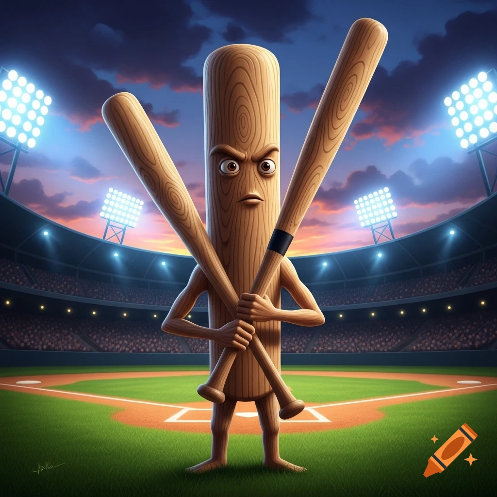 Angry cartoon baseball bat character holding two bats on a baseball field at sunset.