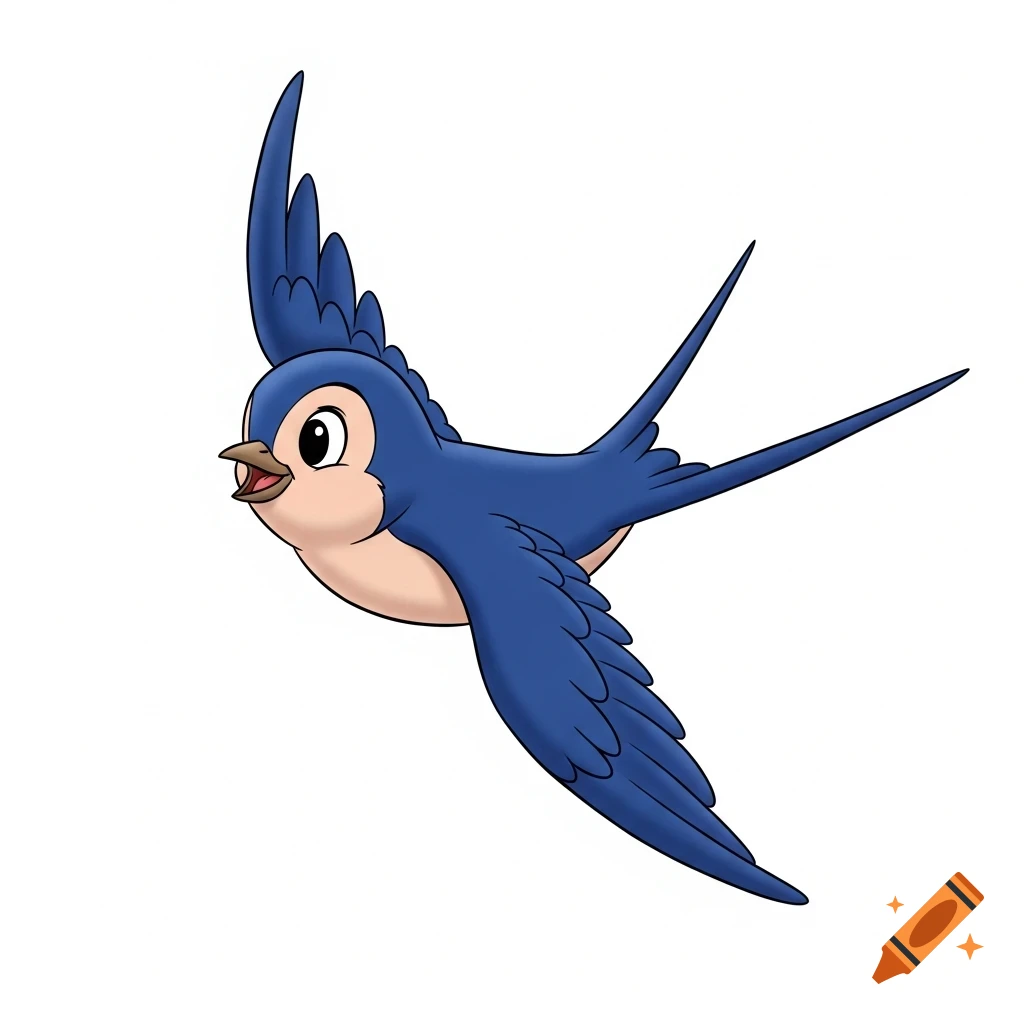 A cheerful blue cartoon swallow bird in flight, depicted in a classic Disney style against a white background.