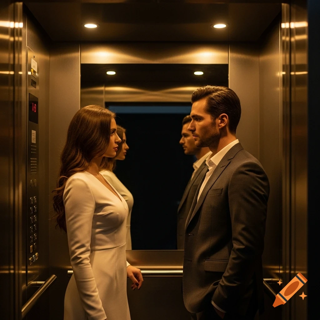 A woman in a white dress and a man in a suit stand facing each other inside a modern elevator.