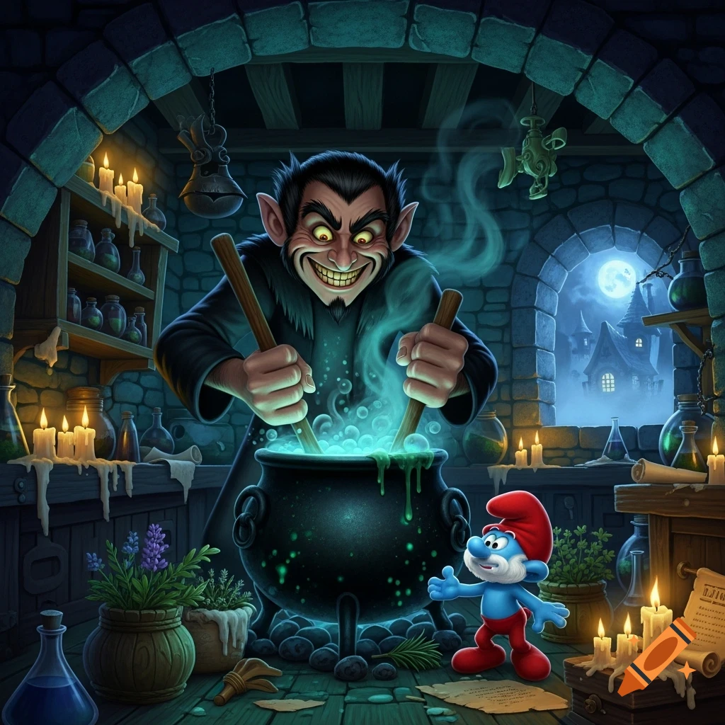 Gargamel, with a wicked grin, stirs a bubbling cauldron in a dark, magical lair as Papa Smurf looks on in surprise. A full moon shines outside.