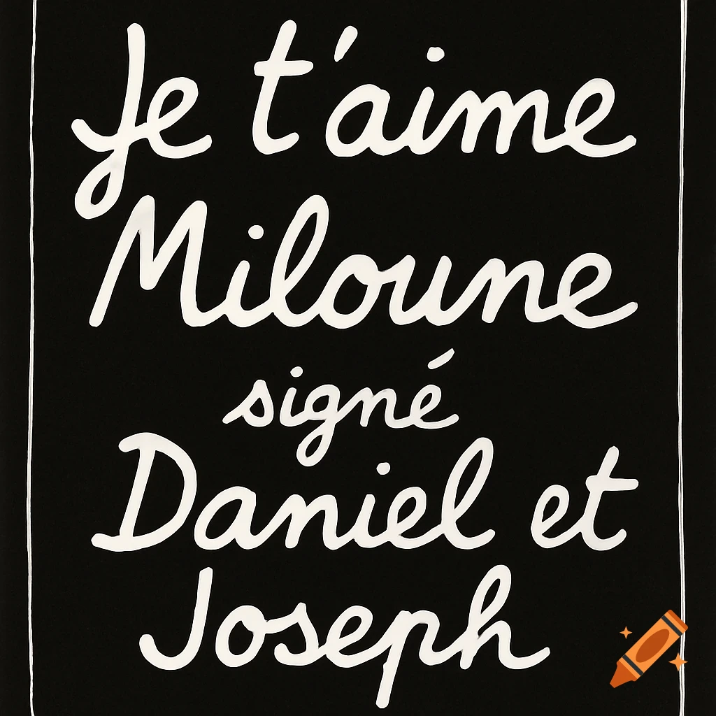 White handwritten French text on a black background reading "Je t'aime Miloune signé Daniel et Joseph".