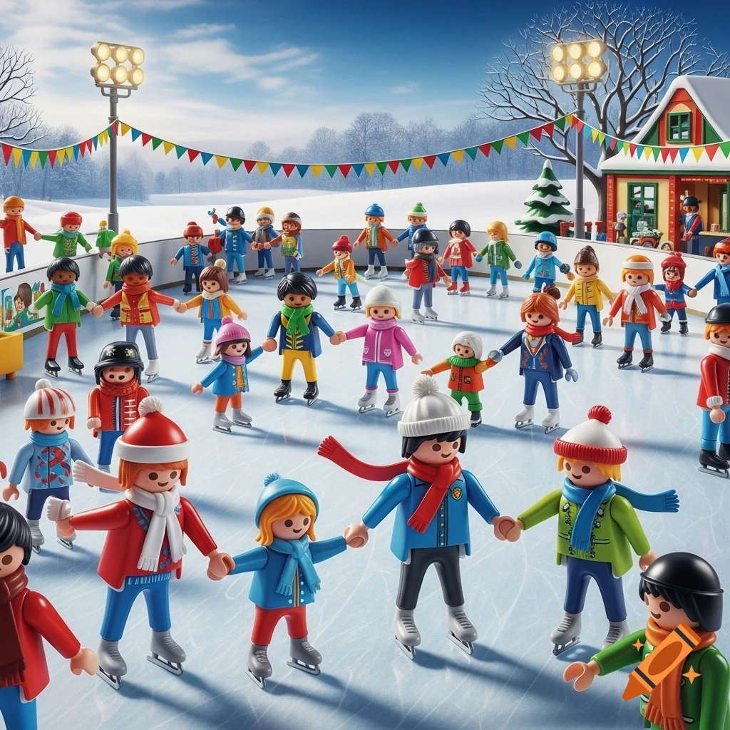 Numerous colorful Playmobil figures ice skate on an outdoor rink surrounded by snow-covered trees and a small house under a blue sky.