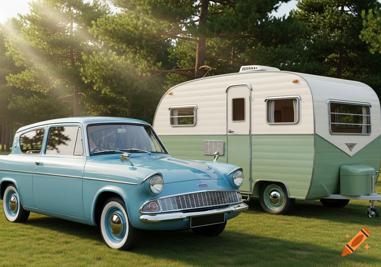 A light blue vintage car and a mint green and white camper trailer are parked on a sunny green lawn with pine trees in the background.