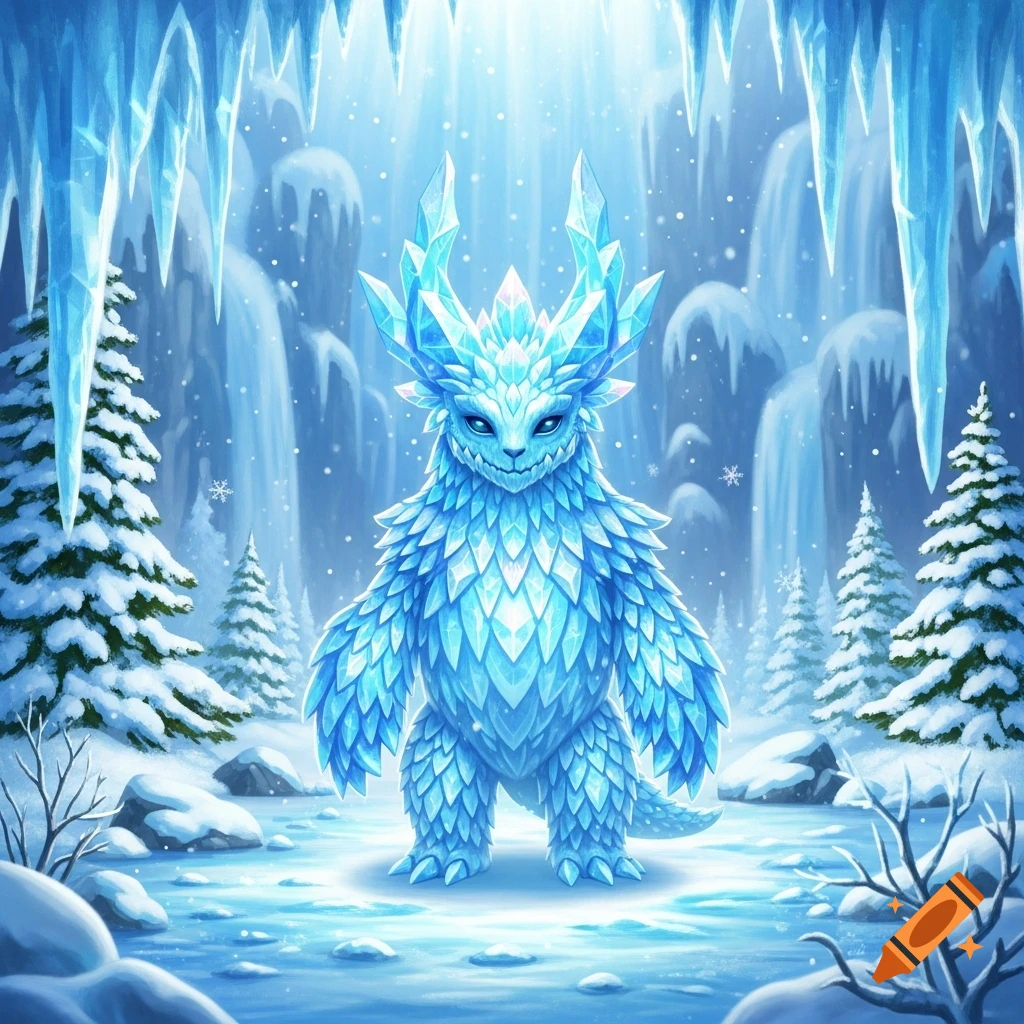 A stylized ice monster with crystal scales and horns stands in a snowy landscape with icicles and pine trees.