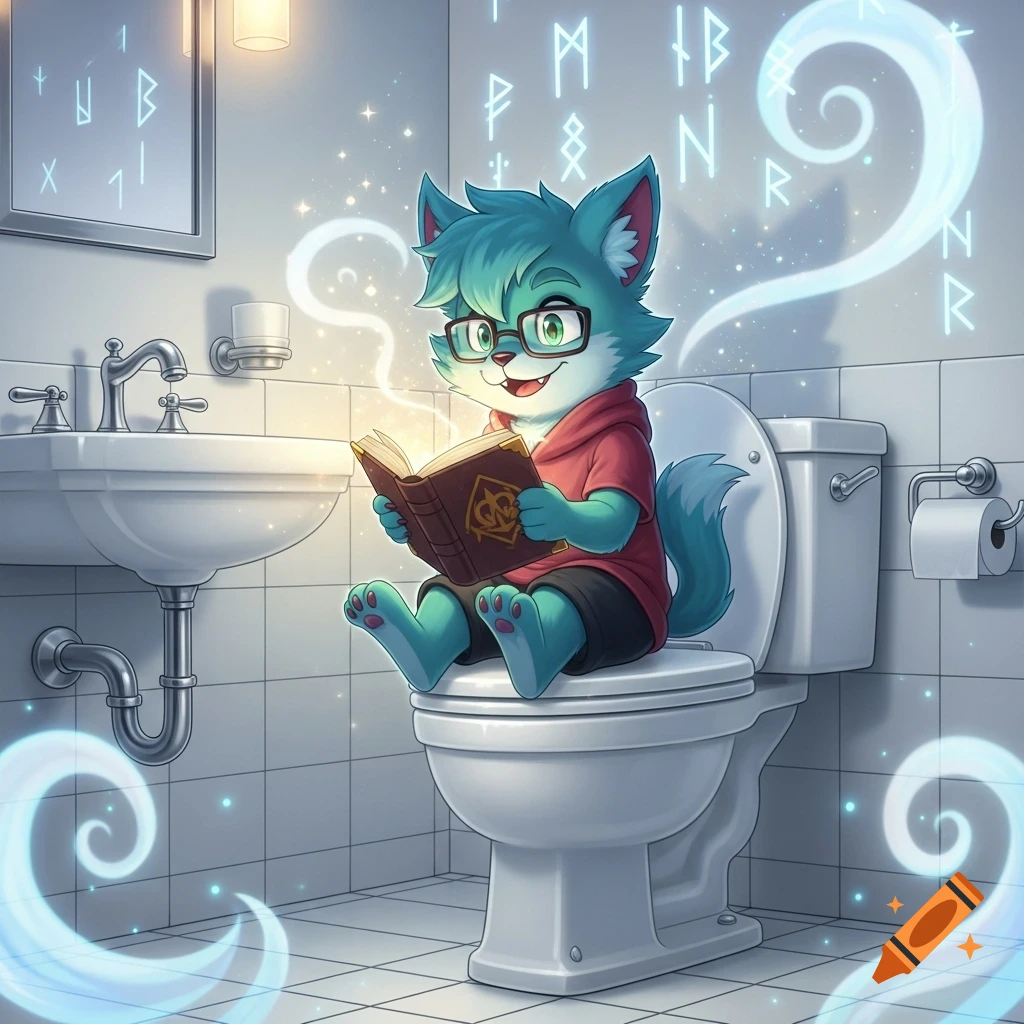 A cute blue-green anthropomorphic fox-like creature with glasses sits on a toilet, happily reading a glowing magic book as runes float around.
