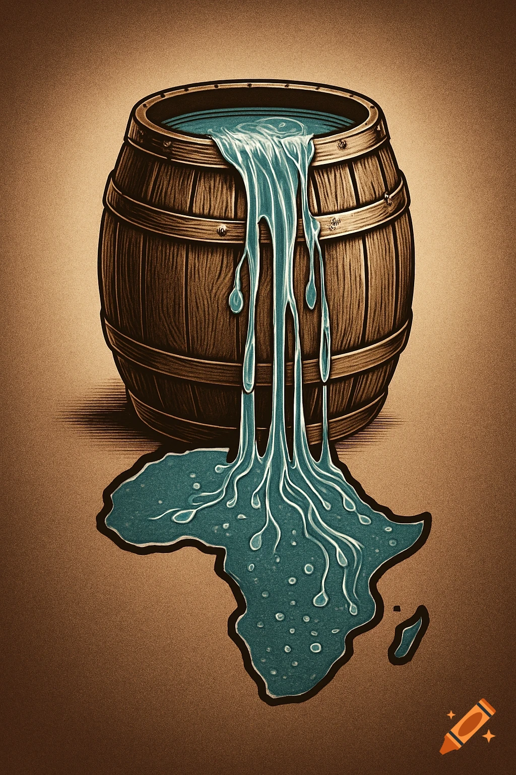 Stylized illustration of a wooden barrel overflowing with water, which forms the shape of the African continent on the ground.