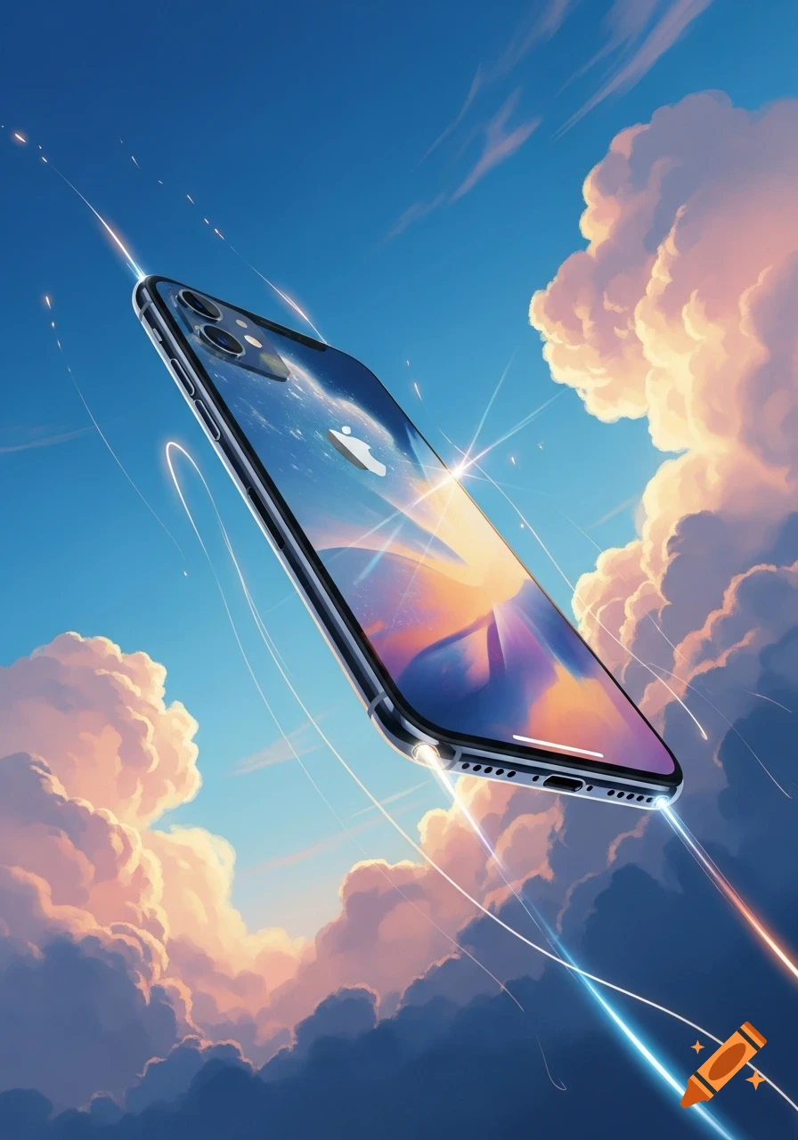 A stylized digital art image of a flying iPhone against a bright blue sky with pastel clouds and glowing light trails.