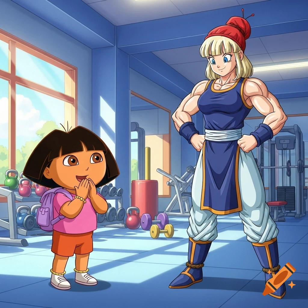 Dora the Explorer looks impressed as Chi-Chi from Dragon Ball Z flexes her muscles in a gym, cartoon style.
