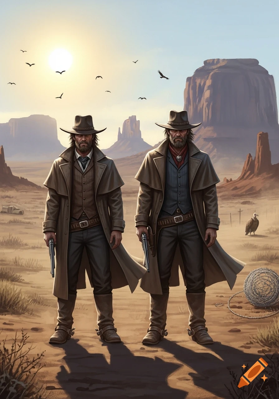 Two serious-looking western outlaws in long coats and hats stand holding revolvers in a sunlit desert landscape with mesas and flying birds.