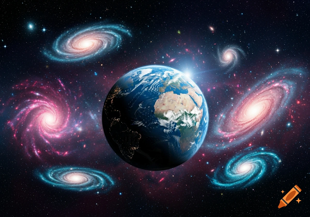 Earth centered in deep space, surrounded by vibrant pink and blue spiral galaxies and countless stars, with a bright sun glare.