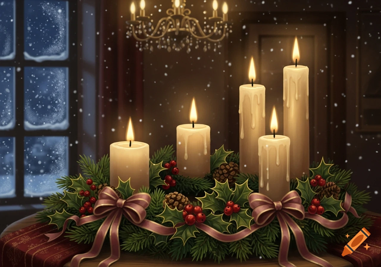 An illuminated Advent wreath with four lit candles, holly, pinecones, and ribbons, set before a snowy window and a chandelier.