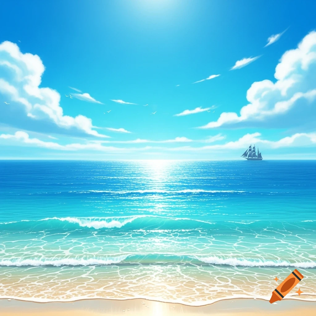 A vibrant illustration of a bright blue ocean with foamy waves on a sandy beach under a clear sky with fluffy clouds and a distant sailboat.
