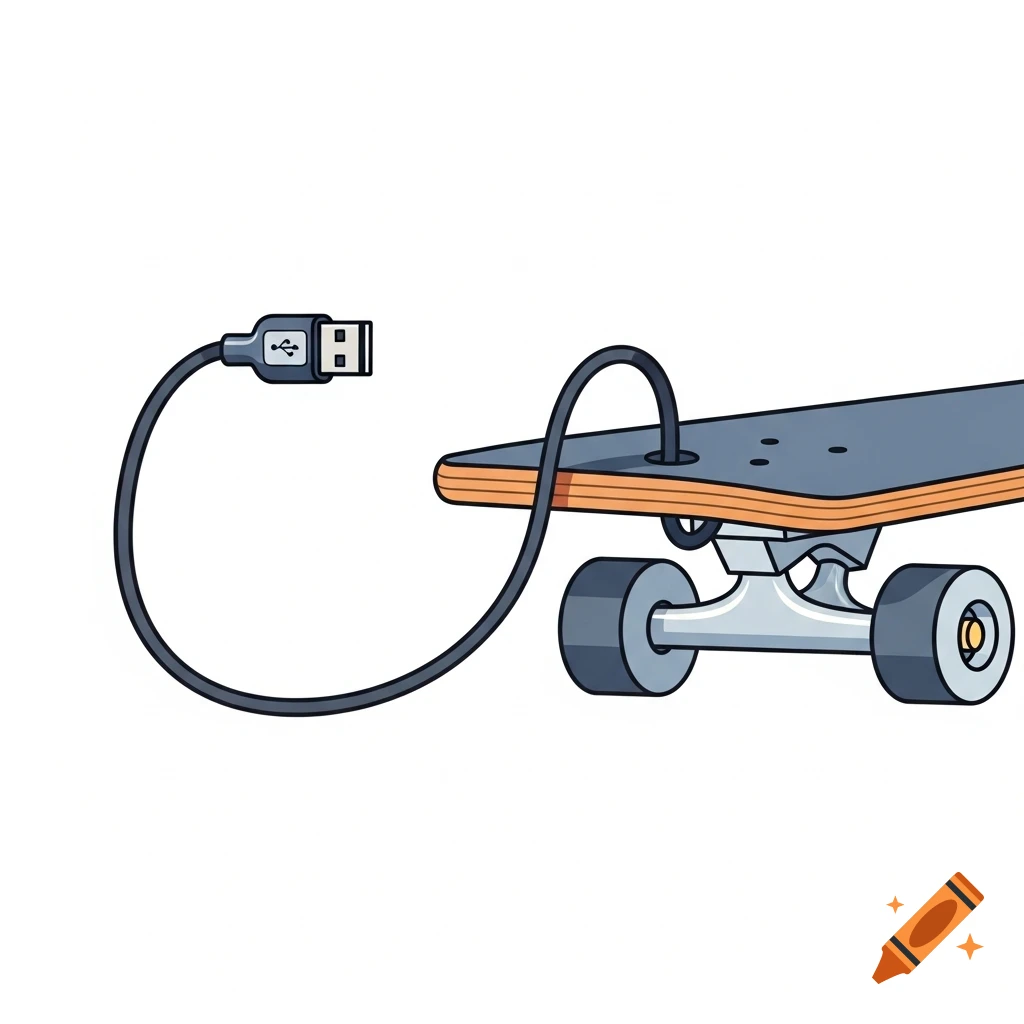 A clipart illustration showing a USB cable with its connector head and cable threading through a hole in a skateboard deck.