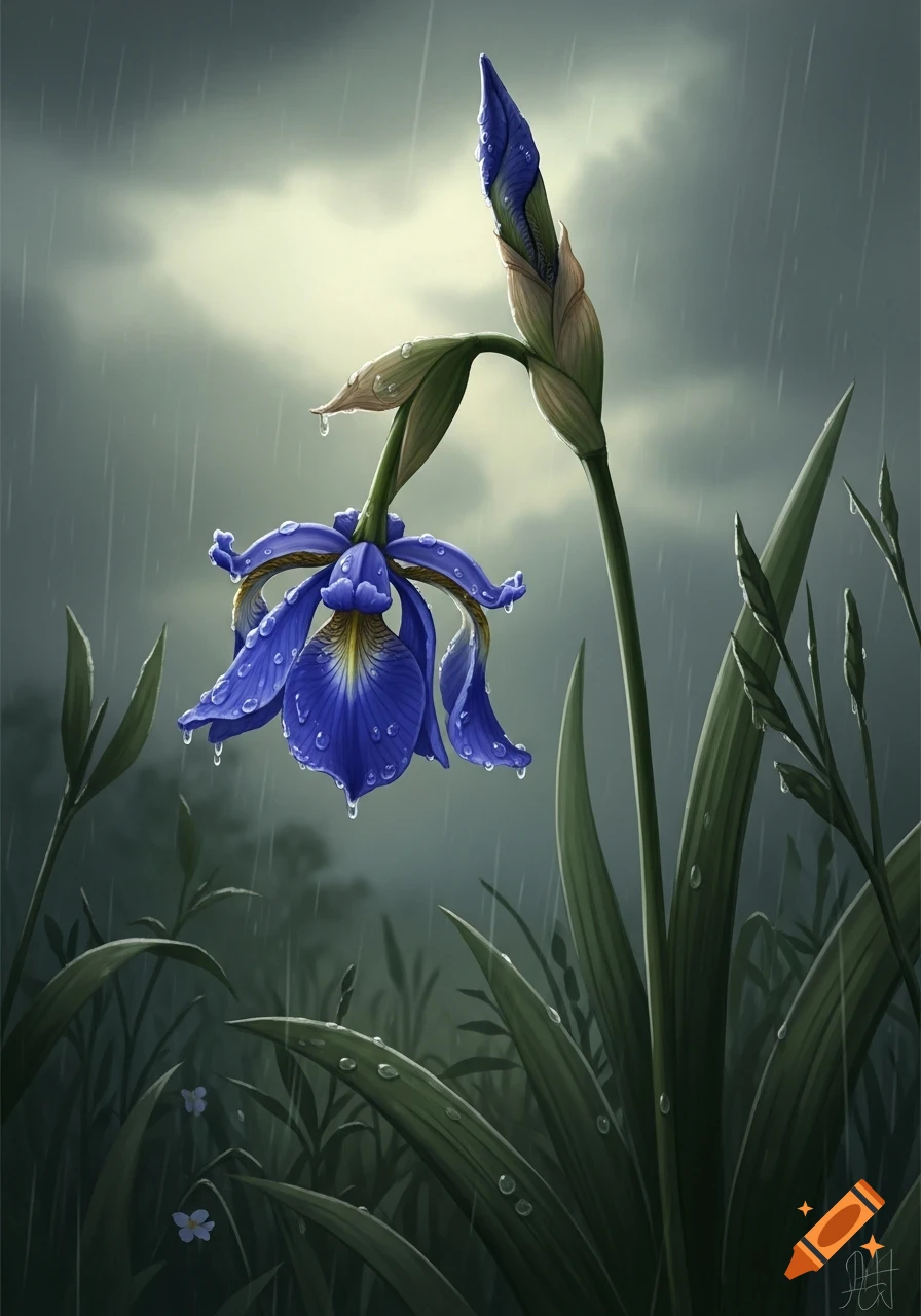 A vibrant blue iris flower with water droplets droops in the rain, alongside a bud and green leaves against a cloudy sky.