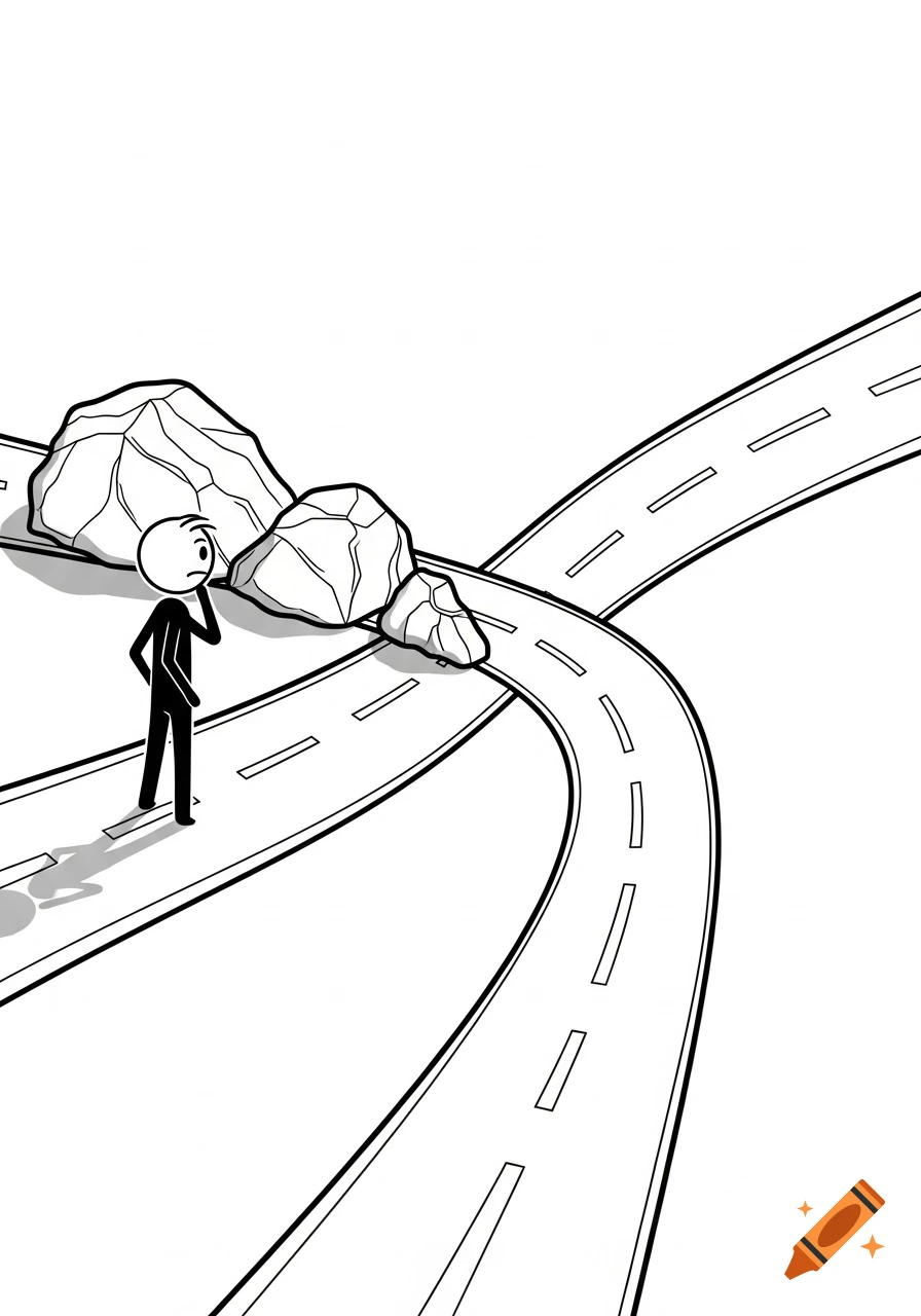Black and white line art of a stick figure contemplating at a crossroads, one path blocked by rocks.