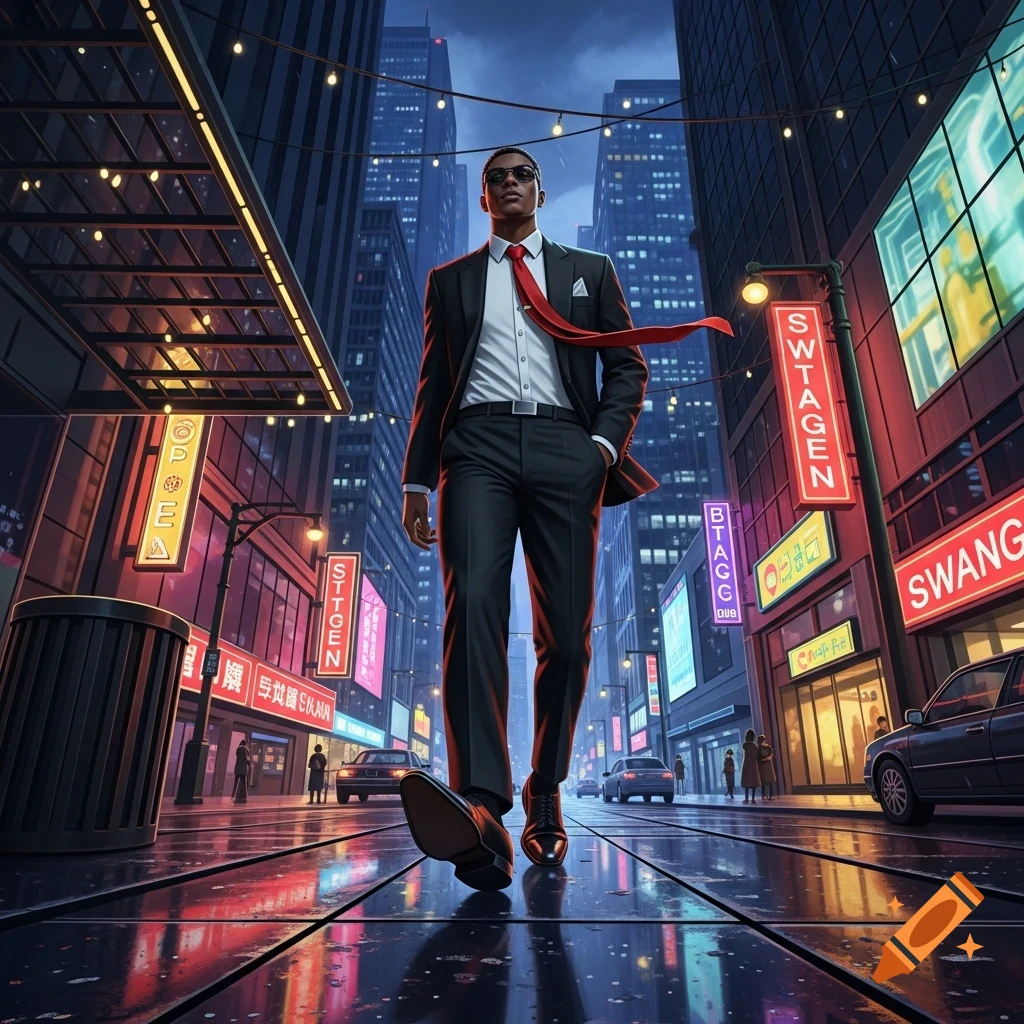 A stylish man in a suit and sunglasses walks confidently down a wet, neon-lit city street at night.
