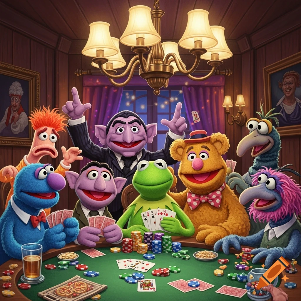Muppets including Kermit, Fozzie, Count von Count, Grover, and Gonzo play poker in a dimly lit, wood-paneled room, reminiscent of 'Dogs Playing Poker'.
