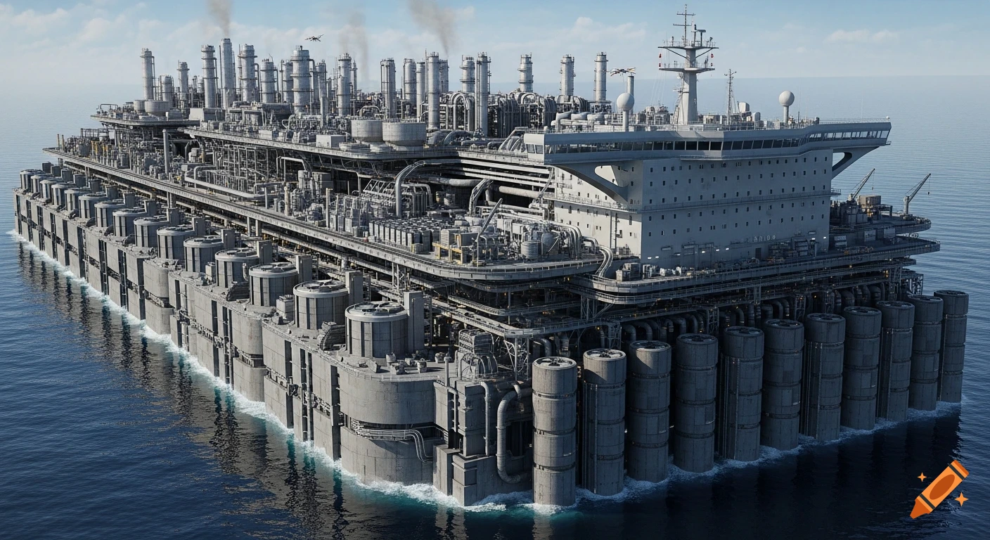Hyper-realistic 3D rendering of an enormous futuristic industrial floating factory ship on calm waters.