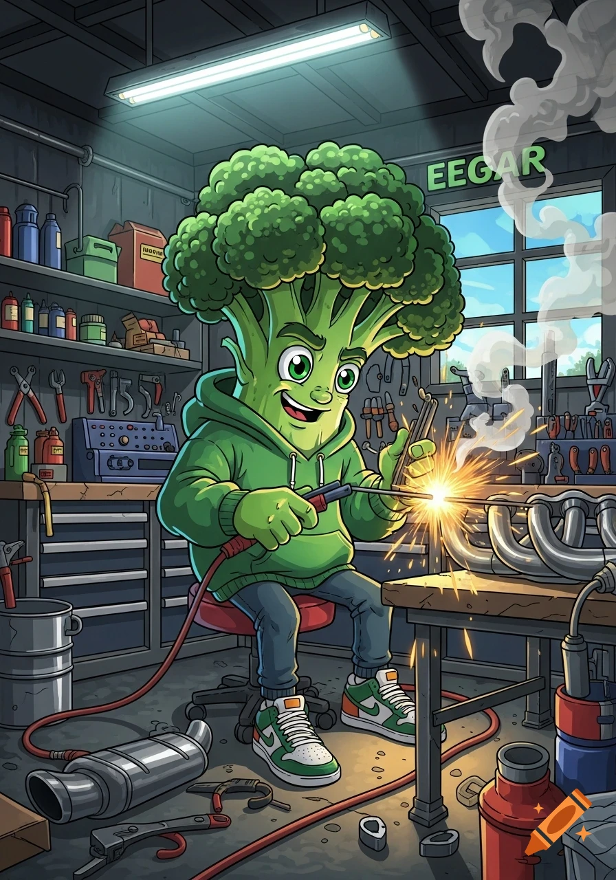 A cartoon broccoli character wearing a green hoodie and jeans, welding exhaust headers in a cluttered garage workshop.