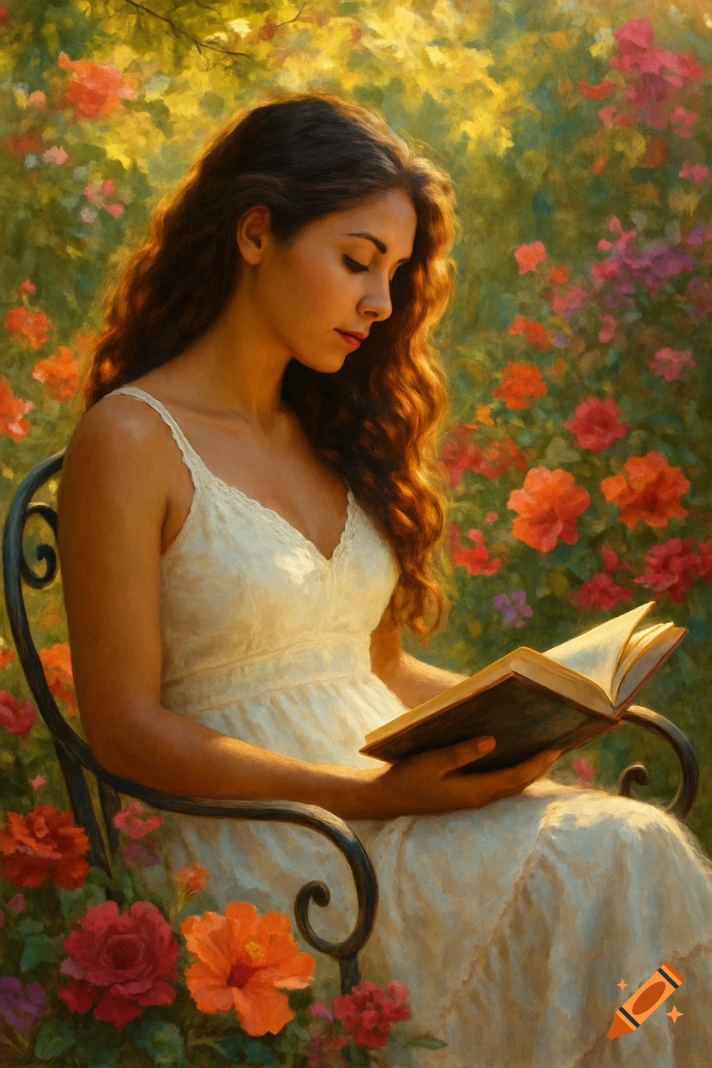 A woman with long wavy brown hair, wearing a white dress, sits in a chair in a lush garden, reading an open book in a painterly style.
