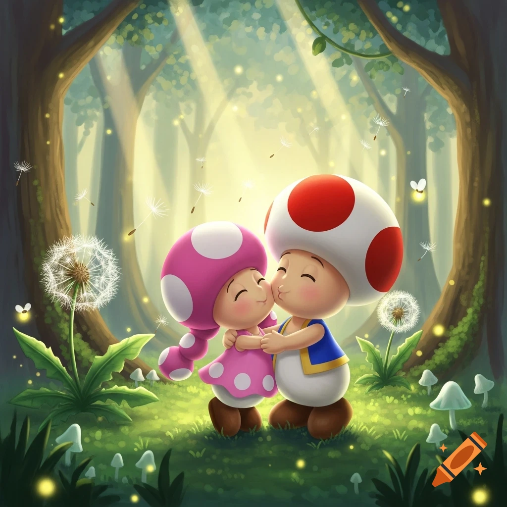 Toad kisses Toadette's cheek and hugs her in a magical forest with dandelions and fireflies.