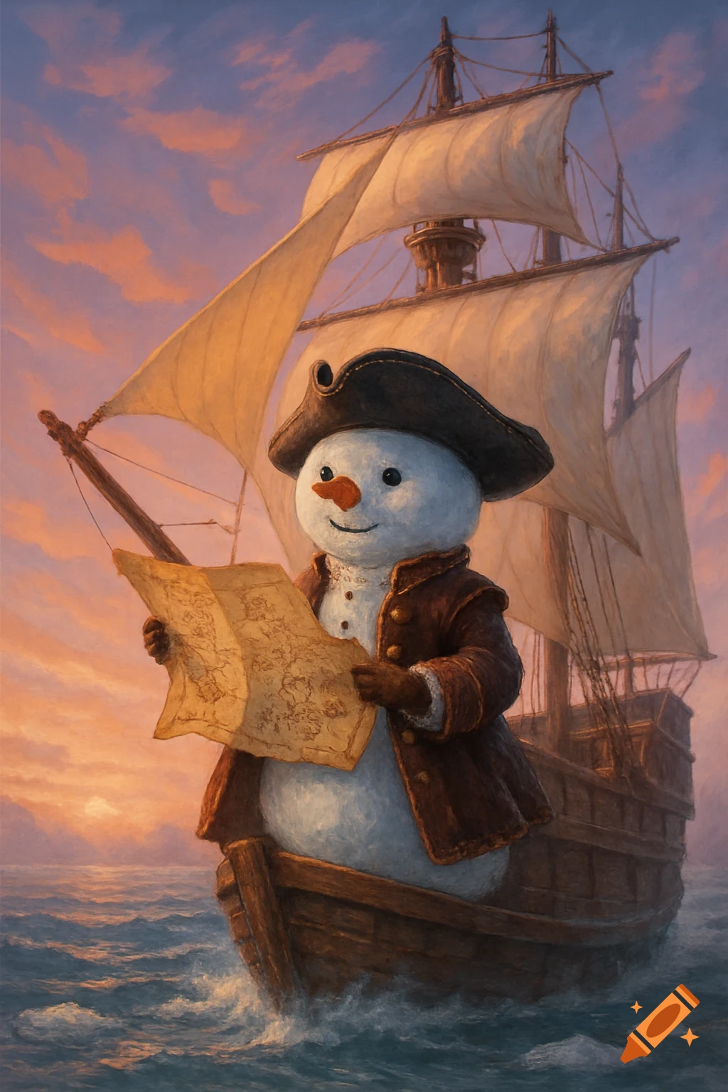 A painting of a snowman pirate in a coat and hat, holding a map on a sailing ship at sea under a colorful sky.