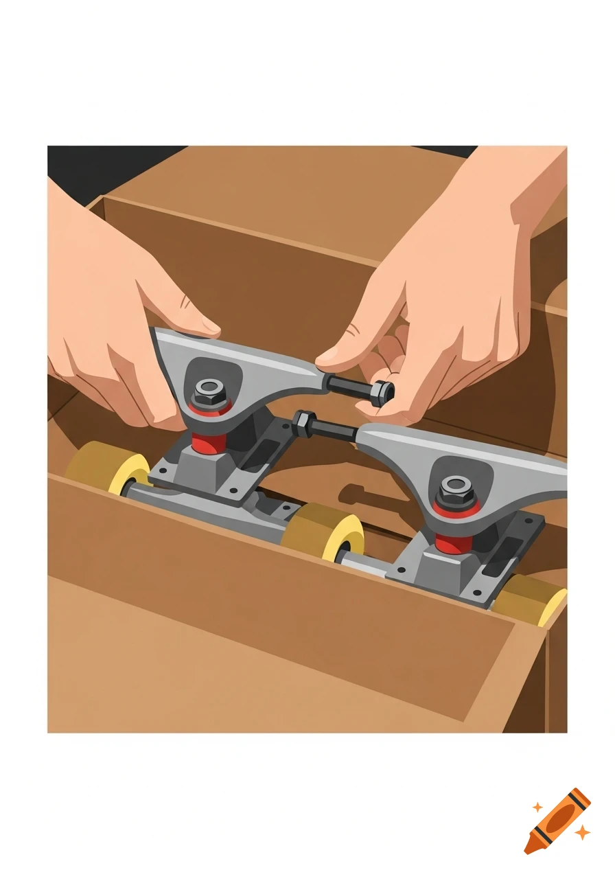 Two hands remove silver skateboard trucks with red bushings and yellow wheels from a brown cardboard box, in a clean, stylized illustration.