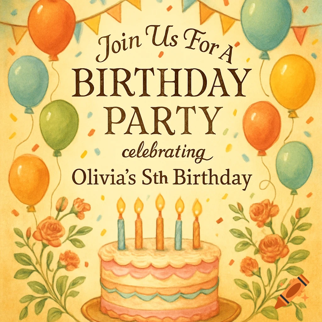 Watercolor birthday invitation featuring colorful balloons, banners, a birthday cake with candles, and floral designs.