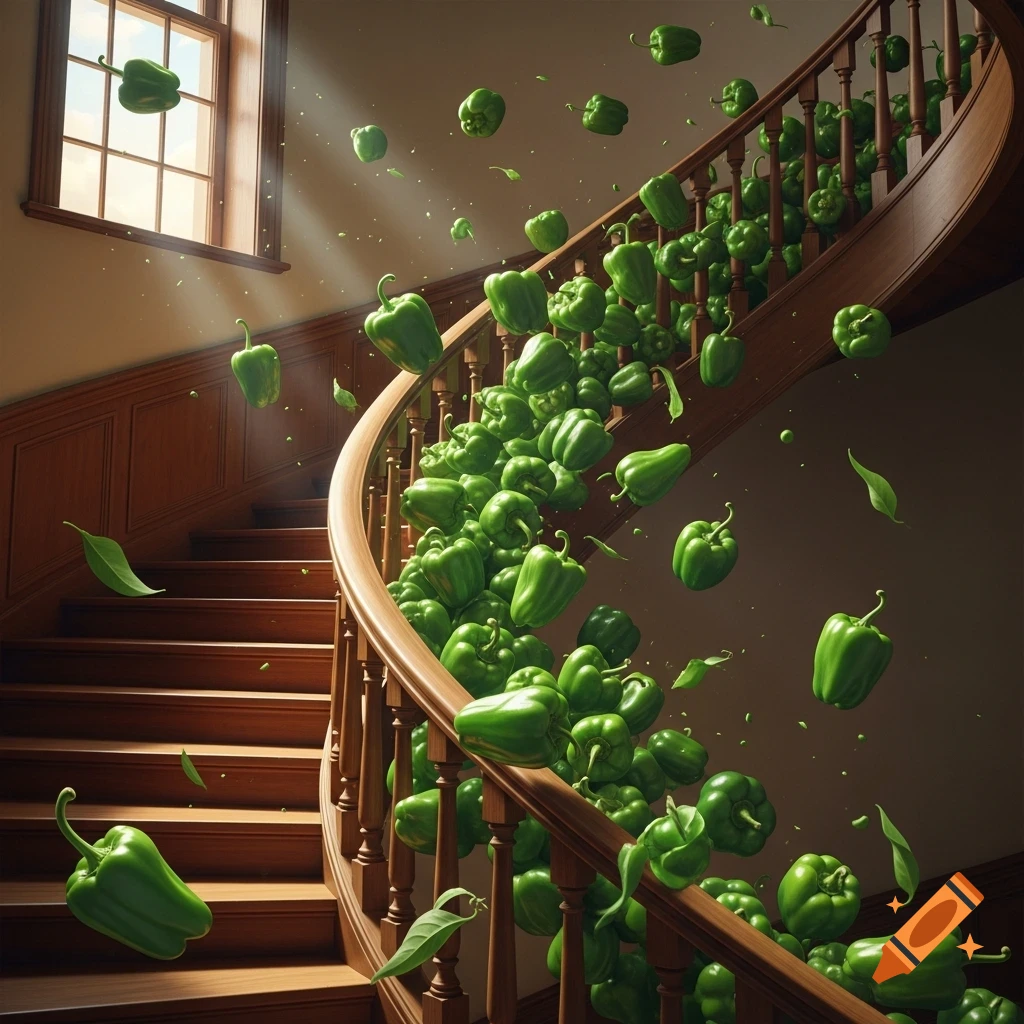 Green bell peppers cascade and float down a grand wooden spiral staircase, bathed in sunlight.