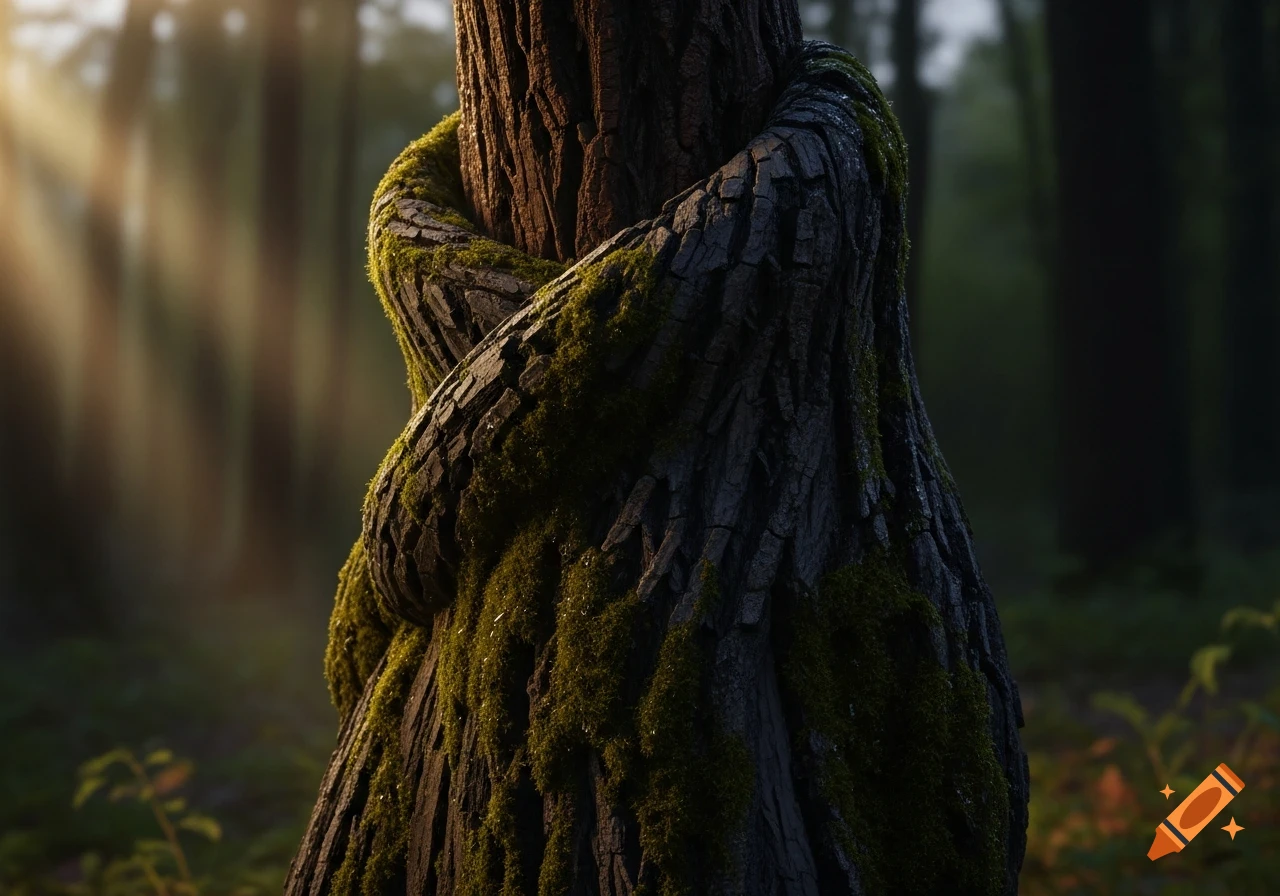 Close-up of a dark, mossy tree trunk in a dimly lit forest, with sunbeams filtering through the background. Photorealistic.