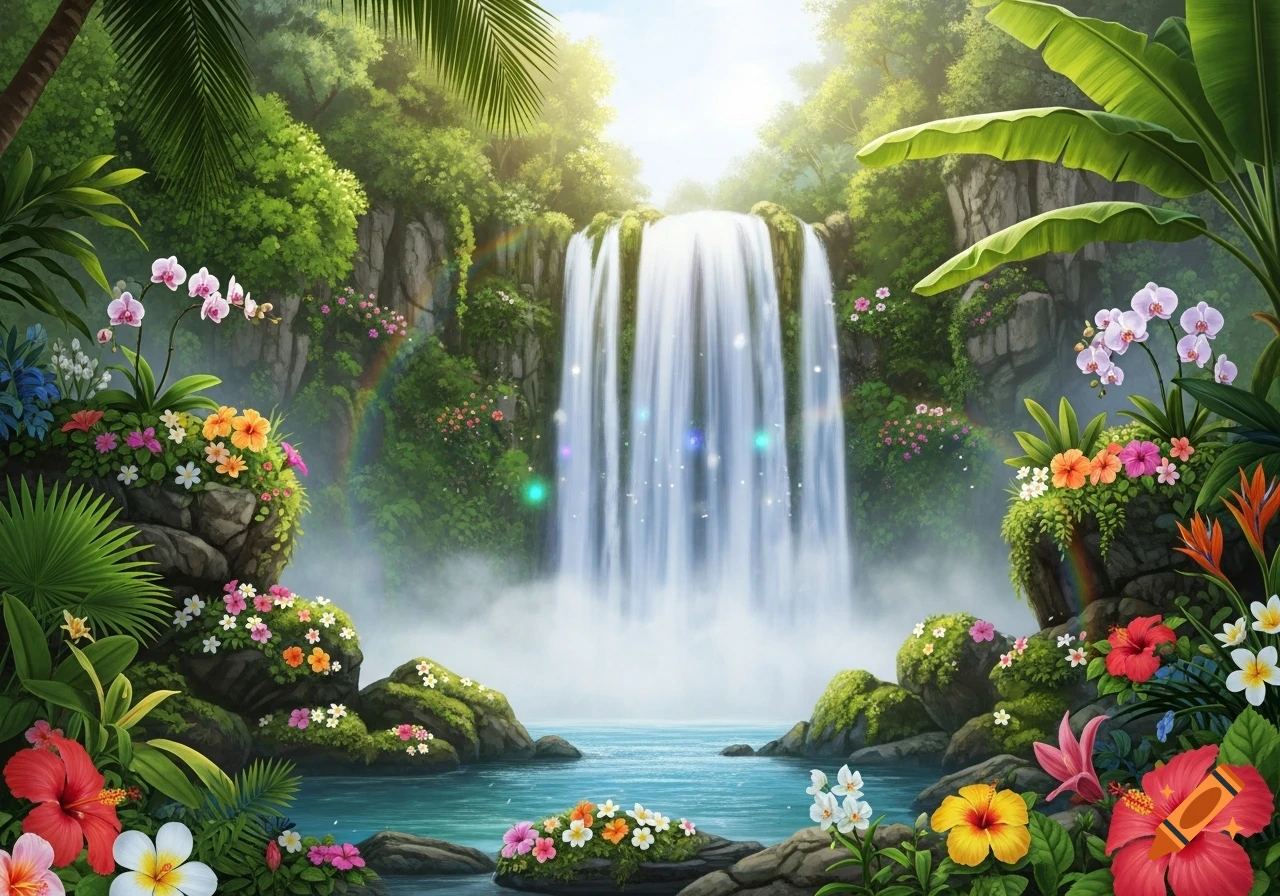 A vibrant tropical waterfall cascades into a clear pool, surrounded by lush green foliage and an abundance of colorful flowers.