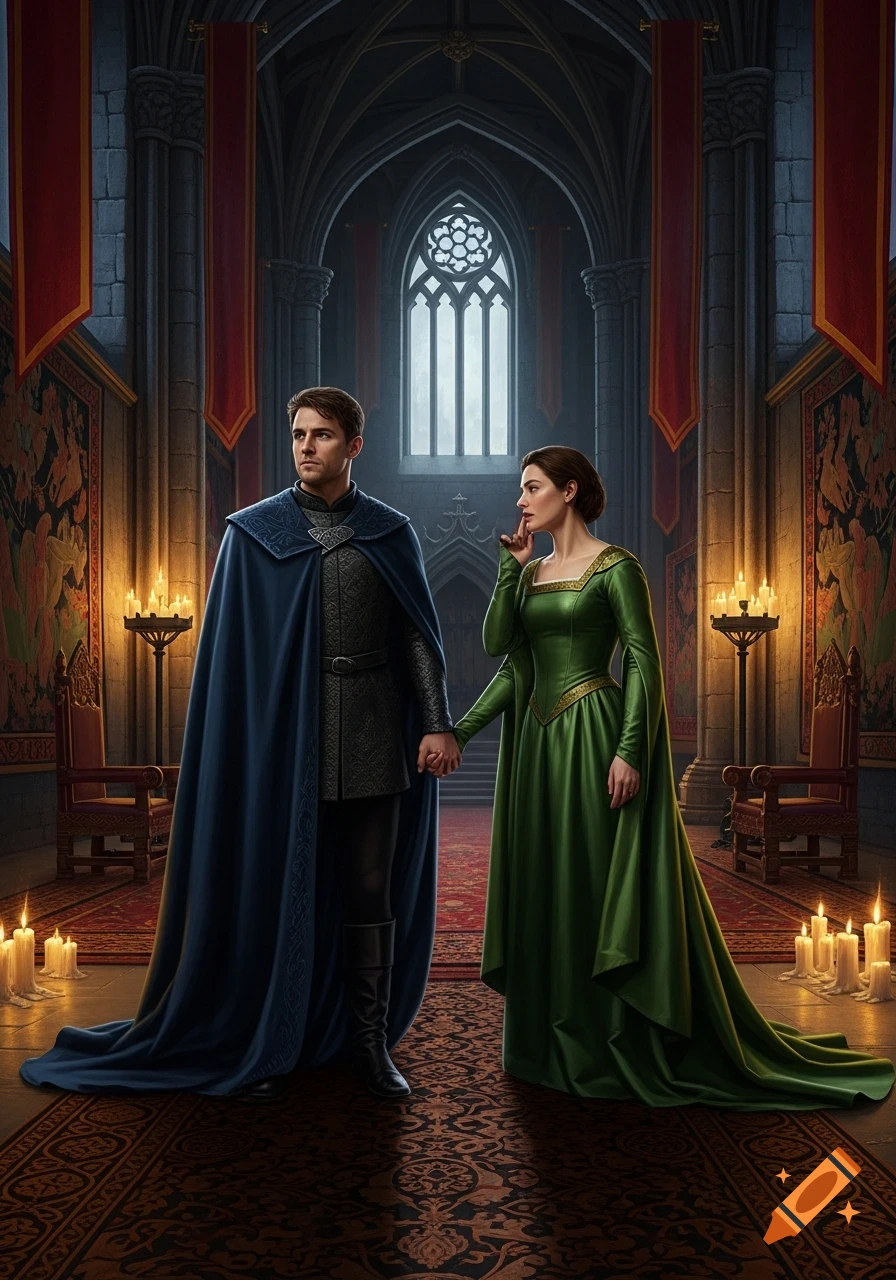 A man in a blue cape and a woman in a green gown hold hands in a grand, candlelit castle hall with an arched window.