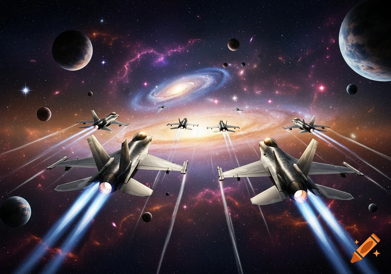 Several fighter jets fly through a colorful galaxy filled with stars and planets, leaving white and blue contrails.