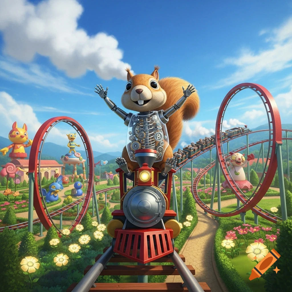 A cartoon robotic squirrel rides a toy train on a roller coaster in a vibrant amusement park.