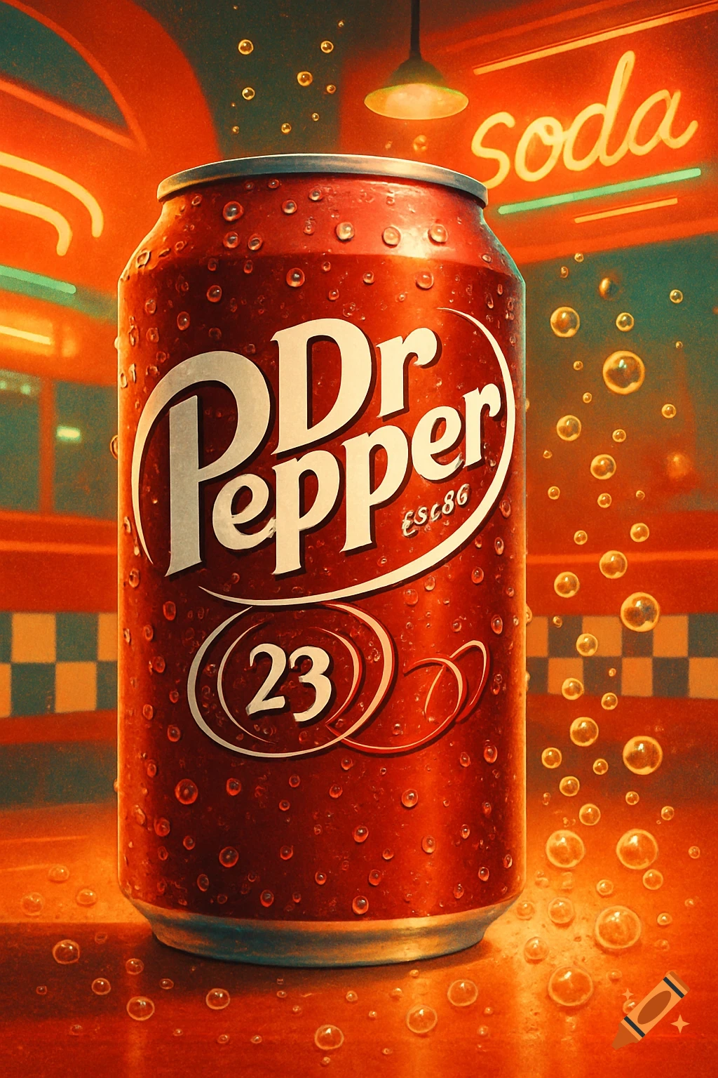 A close-up, wet Dr Pepper soda can with condensation, featuring the brand logo and the number 23. A neon 'soda' sign glows in the background.