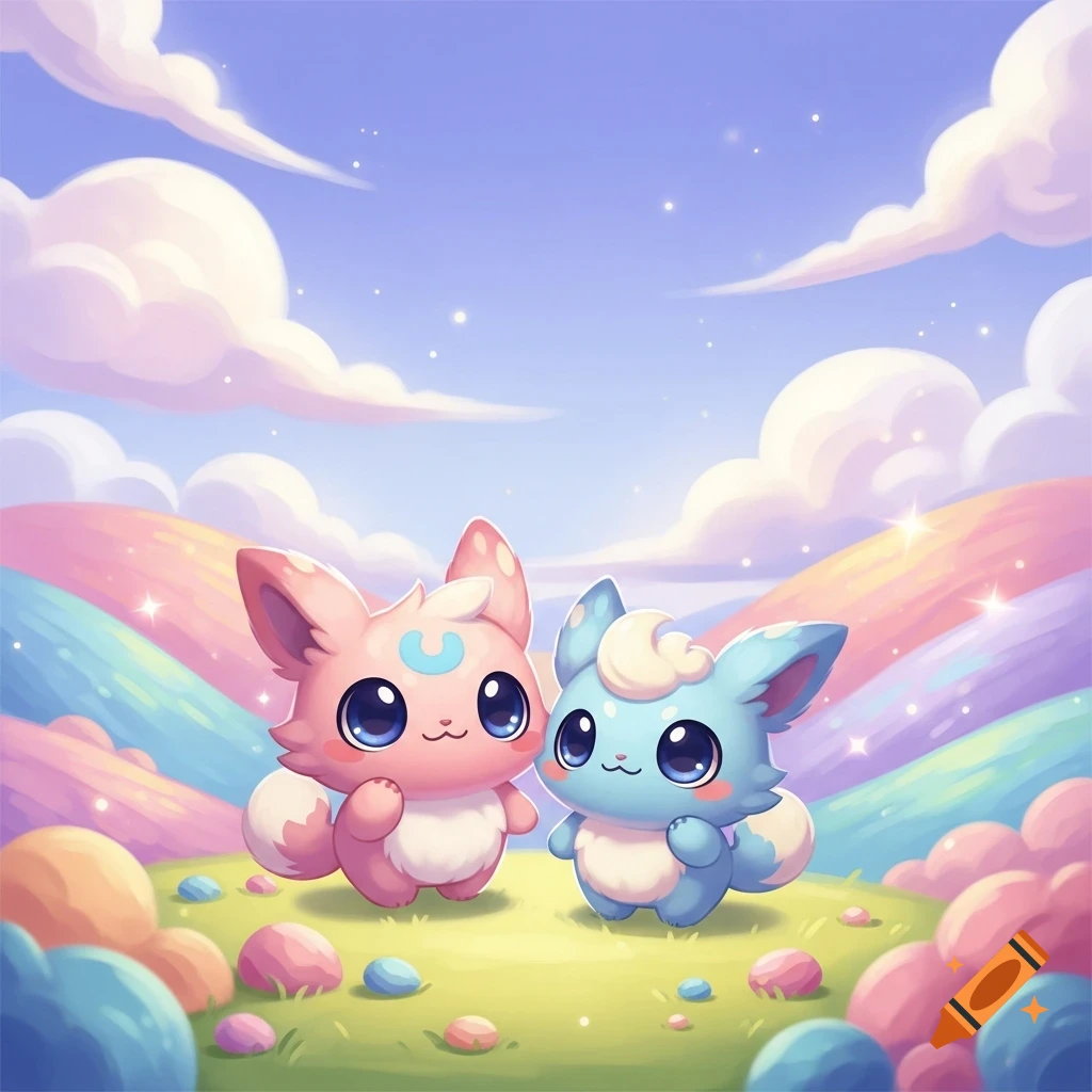 Two adorable pastel fox-like creatures in a dreamy rainbow landscape with fluffy clouds, rendered in a kawaii cartoon style.
