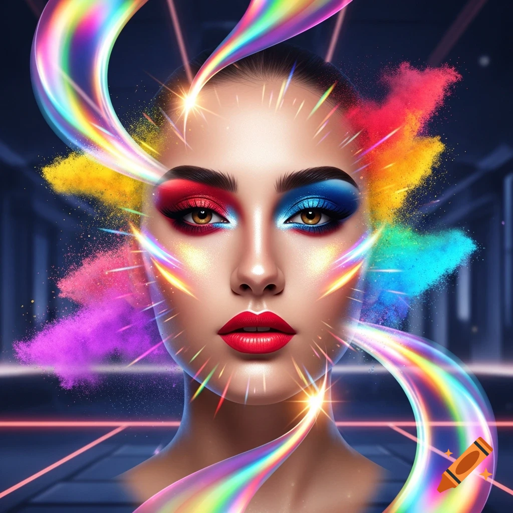 Close-up portrait of a woman with artistic red and blue eye makeup, red lipstick, and glowing rainbow light trails exploding around her face.